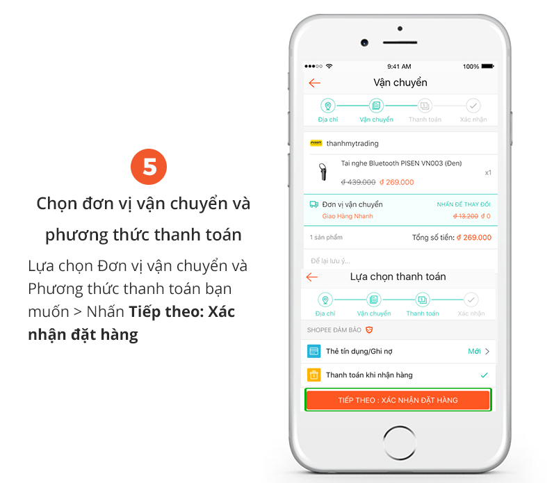 Hướng dẫn mua hàng trên Shopee vn bước chọn đơn vị vận chuyển và phương thức thanh toán