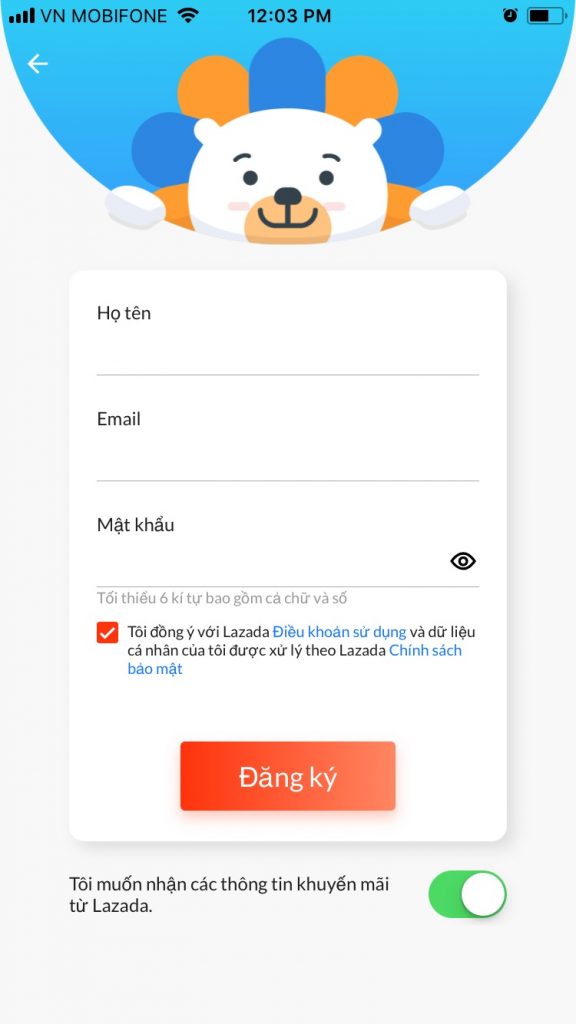 Hướng dẫn mua sắm trên Lazada App Đăng kí tài khoản bằng Email