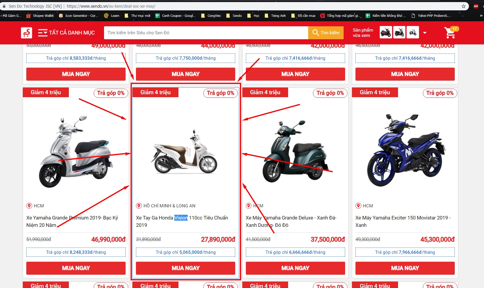 Hướng dẫn mua xe máy online giảm giá trên Sendo